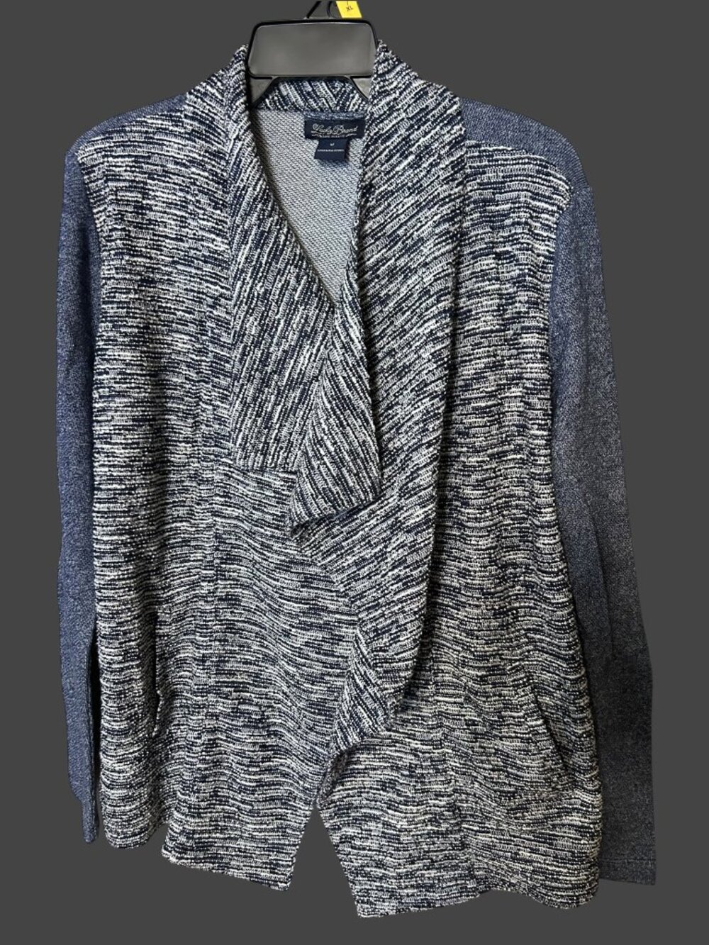 Lucky Brand Open Front Draped Cardigan M Marled Navy Blue White Shawl Collar Kni